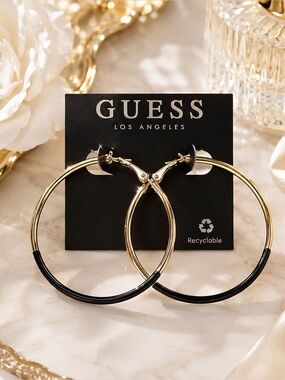 Guess Los Angeles Gold Tone Black Enamel Large Hoop Earrings NWT